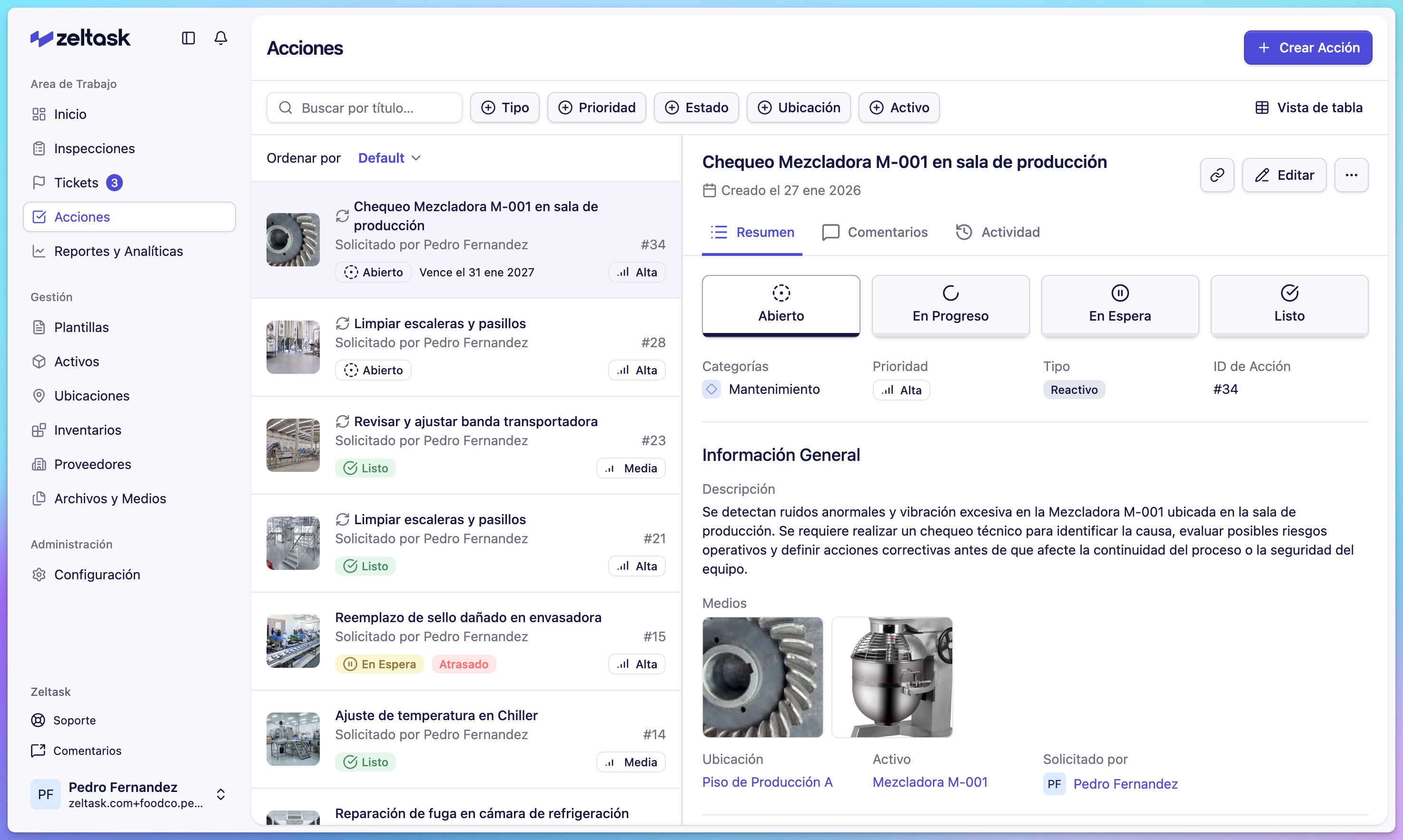 Actions module showing a list of work orders with different statuses and priorities